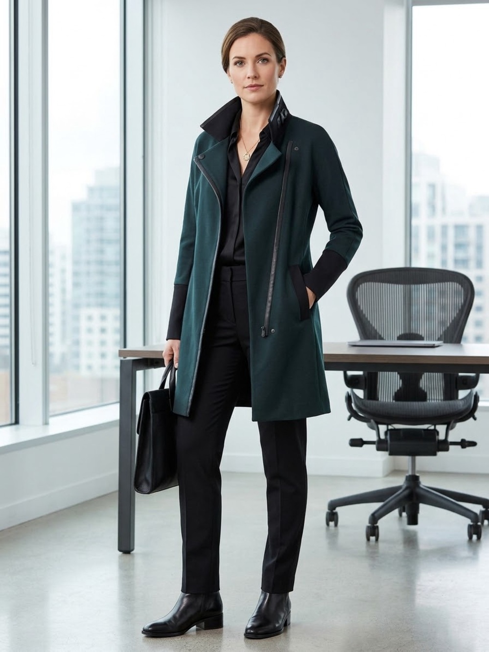 CAbi Dark Green Trench Coat with Black Trim